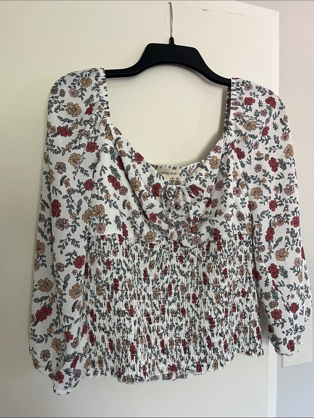 Smocked Floral Peasant Blouse in White with Red & Mustard Flowers